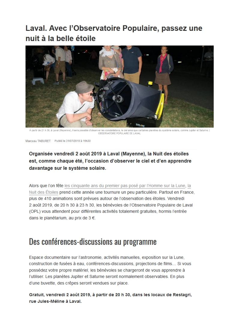 Ouest France aout 2918 Nuit des etoiles